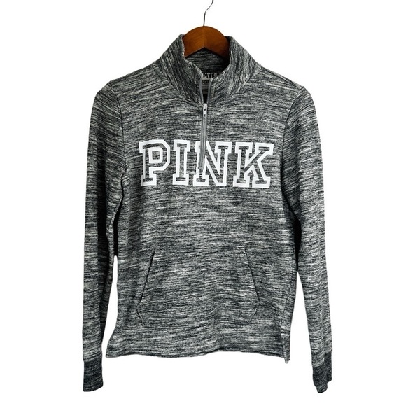PINK Victoria's Secret Sweatshirt 1/4 Zip Pullover Spell Out Long Sleeve Gray XS - Picture 1 of 5